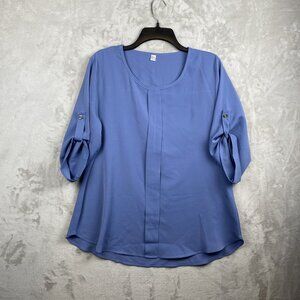 Womens Light Blue Blouse Size L 100% Polyester 3/4 Roll-Tab Sleeves Scoop Neck